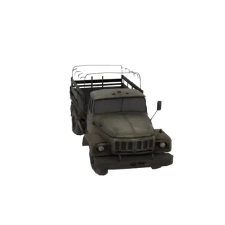 A 3D render of a weathered, olive-drab military cargo truck with a visible cargo bed and front grille, set against a white ba