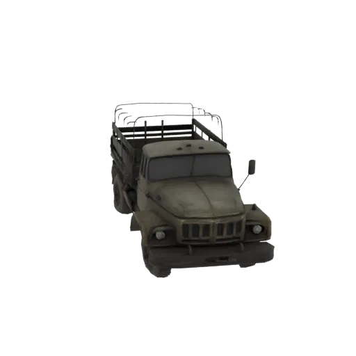 A 3D render of a weathered, olive-drab military cargo truck with a visible cargo bed and front grille, set against a white ba