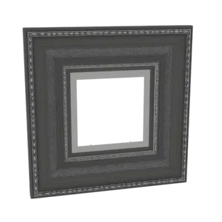 3D модель витиеватой темно-серой квадратной фоторамки с замысловатыми узорами и центральным отверстием.