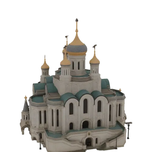 3D модель белой православной церкви с множеством золотых луковичных куполов и бирюзовыми крышами на черном фоне.