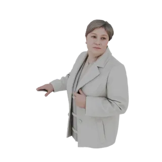 3D модель элегантной женщины с короткими волосами в бежевом пальто, уверенная поза.