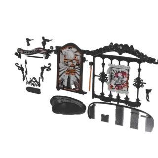 Превью 3D-модели набора диорамы циркового аттракциона с силуэтом силача и плакатом артиста, с орнаментальной черной рамой.