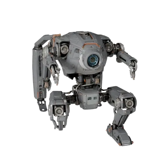 Высокополигональная 3D-модель гуманоидного робота-вездехода, студийный рендер крупным планом, показывающий металлические рамы