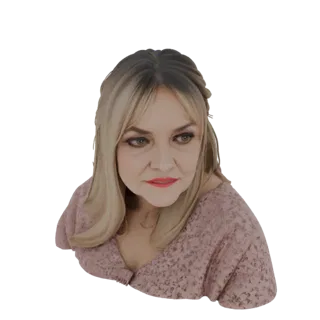 3D render of a woman with blonde hair in a braid, wearing a pink floral dress, looking to the side.