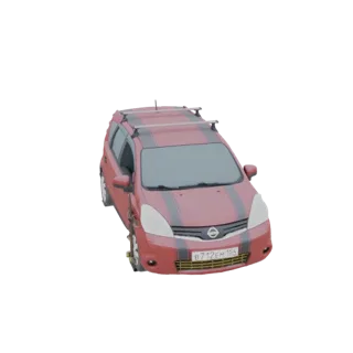 3D модель красного минивэна Nissan с черными гоночными полосами и серебристым багажником на крыше, вид с немного приподнятого