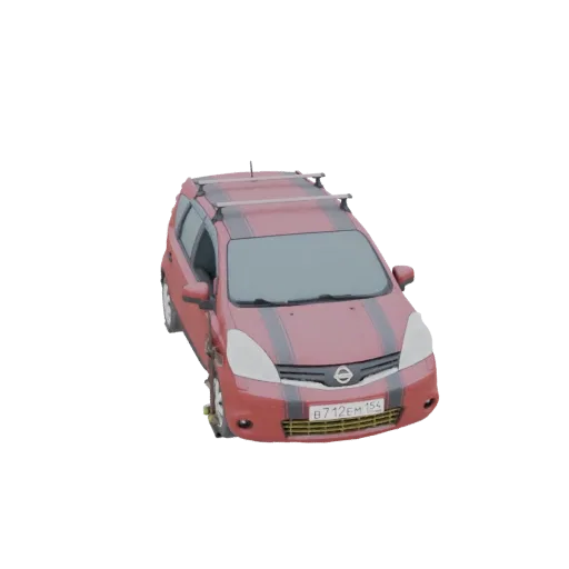 3D модель красного минивэна Nissan с черными гоночными полосами и серебристым багажником на крыше, вид с немного приподнятого