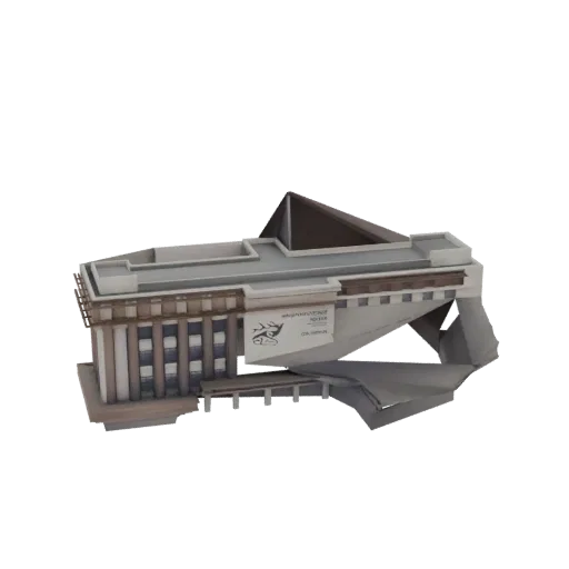 3D модель футуристического абстрактного здания с острыми углами, динамичным силуэтом и выразительным символом глаза на фасаде