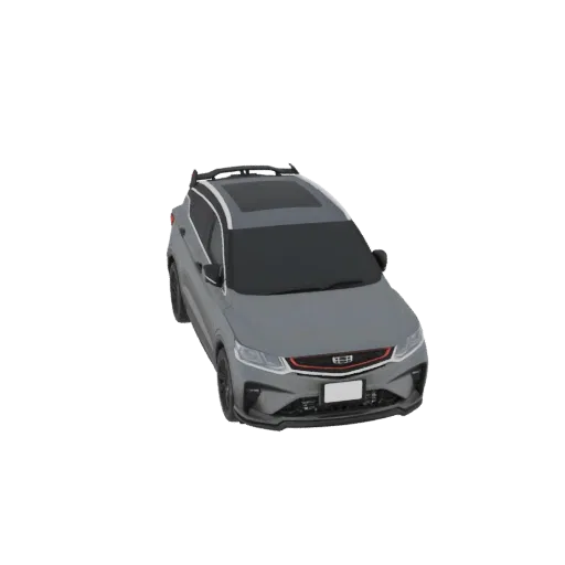 3D модель серого Geely Coolray SUV с люком, вид с передне-трехчетвертного ракурса.