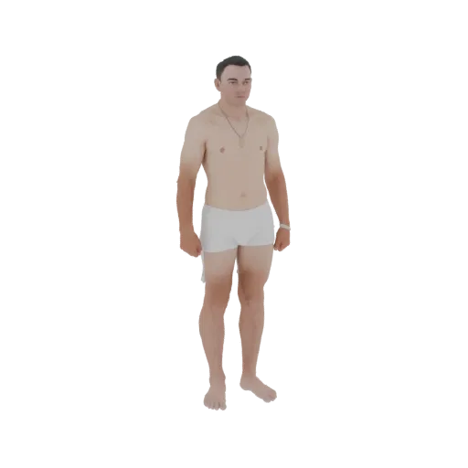 3D-модель мужчины, стоящего в белых боксерах, вид спереди, на белом фоне.