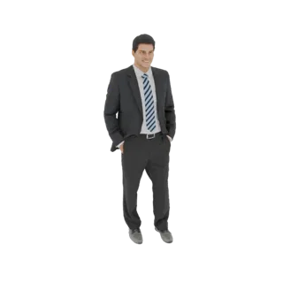 3D модель мужчины в темном деловом костюме, стоящего с руками в карманах и легкой улыбкой.