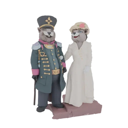 3D модель викторианской пары сурков, самец в военном мундире, самка в белом платье, стоят на основании.