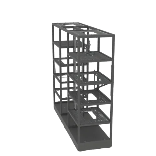 3D модель темно-серой многоярусной промышленной полки с открытым каркасом и полками с сетчатым узором.