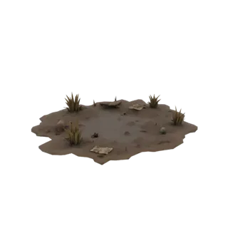 3D модель грязной лужи с разбросанным мусором, сухой травой и небольшим камнем на белом фоне.