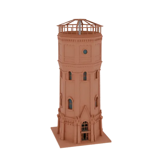 3D модель восьмиугольной водонапорной башни с арочными окнами и детализированной решетчатой крышей, выполненная в терракотово