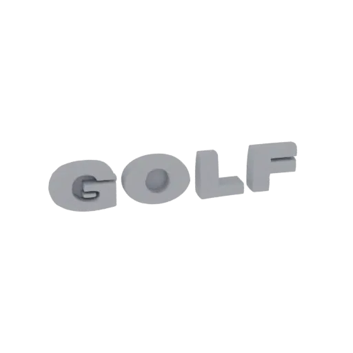 3D рендер слова GOLF жирными, серыми, выдавливающимися буквами на белом фоне.