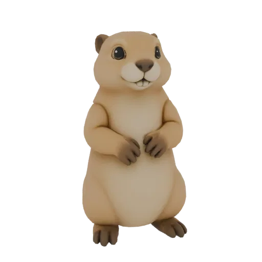 Очаровательная 3D модель милой луговой собачки, стоящей вертикально с дружелюбным выражением и видимыми зубами.