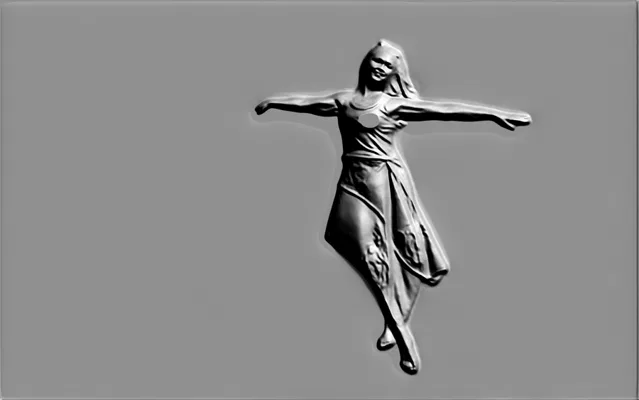 3D модель барельефа девушки в движении с распростертыми руками, выполненная в монохромном стиле.