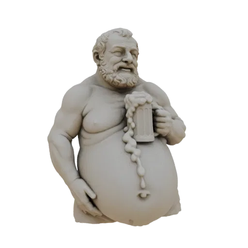 3D модель коренастого бородатого баварца с пивной кружкой и переливающейся пеной, выполненная в светло-сером, похожем на каме