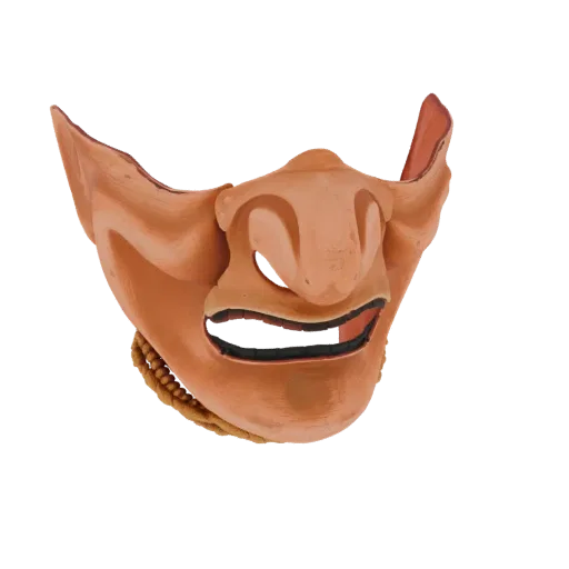 3D модель традиционной японской маски Они с свирепым выражением, острыми чертами и текстурированной отделкой.