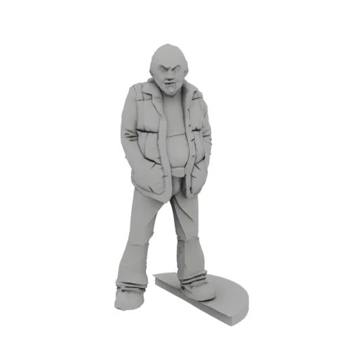 Рендер 3D модели сердитого мужчины в стеганой жилетке и джинсах, стоящего с руками в карманах.