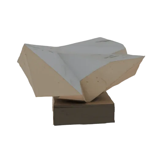 3D модель геометрической абстрактной скульптуры с острыми плоскостями, стоящая на простом постаменте, на черном фоне.