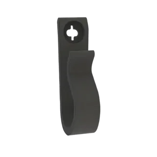 3D-рендер черного держателя-клипсы с изогнутым отверстием и слотом "замочная скважина" для крепления, изолированный на белом