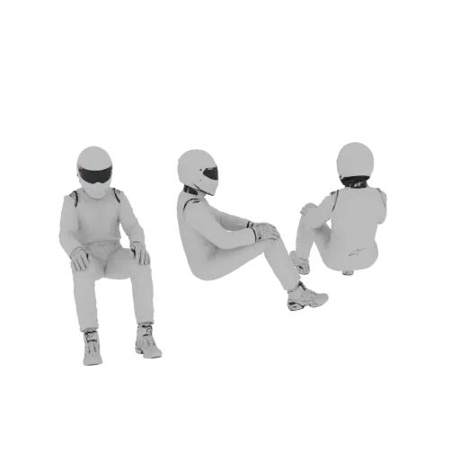 3D модель гонщика Стига в трех сидячих позах, в белом костюме и шлеме.