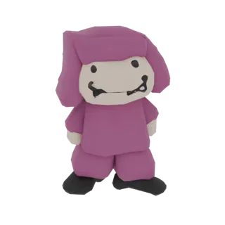 3D render of a cute chibi character with pink hair, wearing purple overalls and black shoes, with a simple smiling face.