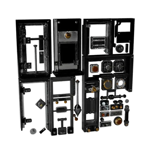 Модульная 3D-модель Нажимной Плиты Подземелья, изометрический вид модульного набора, показывающий металлические петли, детали