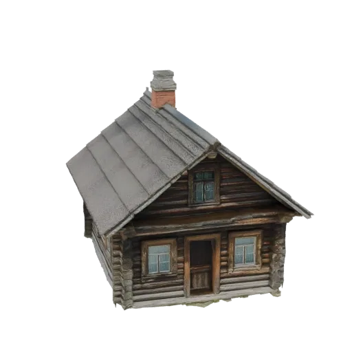 3D модель деревенской деревянной хижины с серой черепичной крышей, каменной трубой и деревянными стенами на черном фоне.