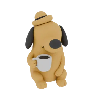 A 3D render of a cute, light brown cartoon dog wearing a tan hat and holding a white coffee mug, with a white background.