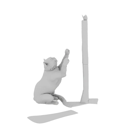 3D модель светло-серой кошки в прыжке ловит бабочку на высоком столбе, на земле коврик.