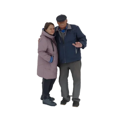 3D модель пожилой пары, мужчины и женщины, в теплых объятиях, мужчина в кепке и синей куртке, женщина в розовом пуховике.