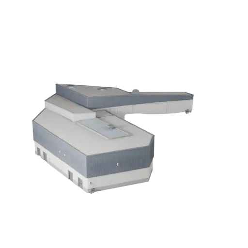 Высокополигональная 3D-модель логистического центра, крупный план архитектурного рендера, показывающий промышленные строитель