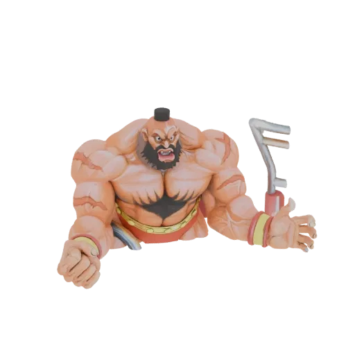 3D модель Зангиева, мускулистого бойца из Street Fighter, с яростным выражением лица и культовой красной одеждой.