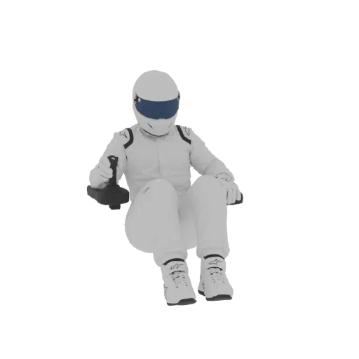 3D-модель Стига в его культовом белом гоночном костюме, шлеме и перчатках, держащего джойстик.