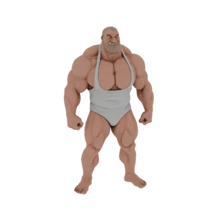 3D модель мускулистого бодибилдера с преувеличенными мышцами, в белой майке, стоящего уверенно.