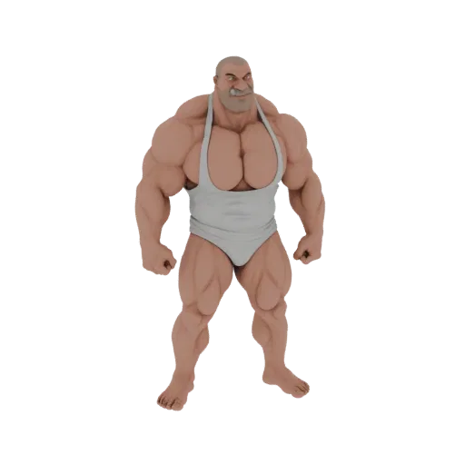 3D модель мускулистого бодибилдера с преувеличенными мышцами, в белой майке, стоящего уверенно.
