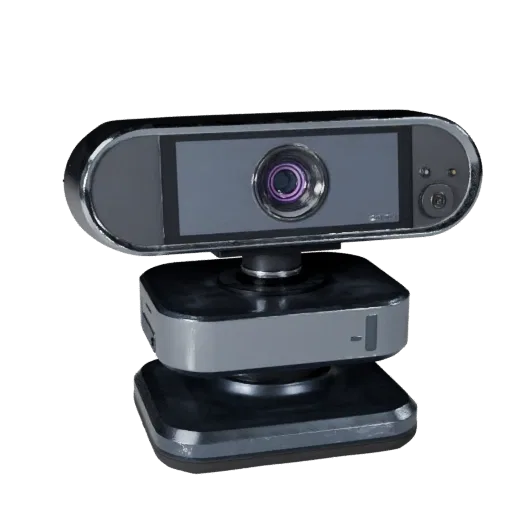 3D-модель RGB-веб-камеры, трехчетвертной студийный рендер продукта, показывающий пластиковые корпуса, настольный масштаб.
