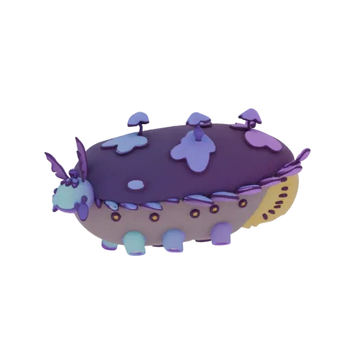 3D рендер фиолетового дирижабля-гусеницы с грибными украшениями и светящимися желтыми сферами на белом фоне.
