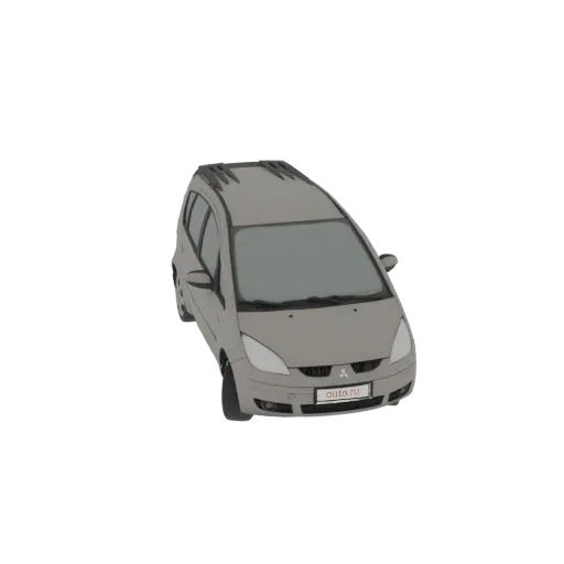 3D модель серого Mitsubishi Colt хэтчбек, вид под небольшим углом сверху, демонстрирующий компактный дизайн и рейлинги на кры