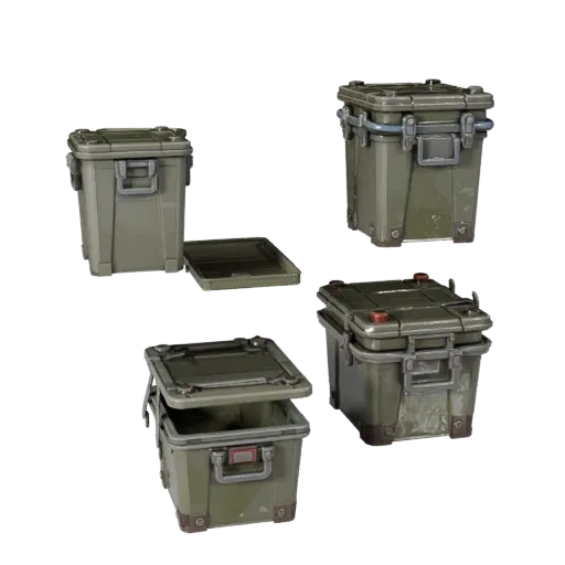 Стилизованная 3D-модель ящика для хранения в военном стиле, стилизованный изометрический рендер, показывающий пластик, функци