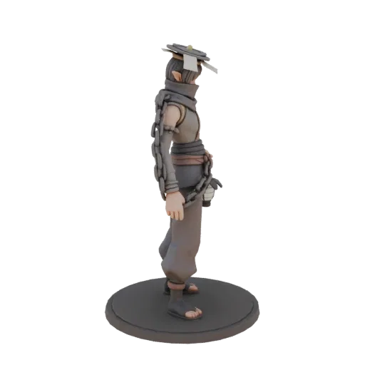 3D модель эльфа в японском стиле с цепью, обвивающей руку, и фонарем, стоящего на платформе.