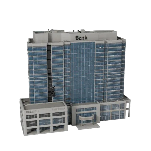 Готовая к использованию в Unity 3D модель здания штаб-квартиры банка, вид в окне движка Unity, показывающий материалы коммерч