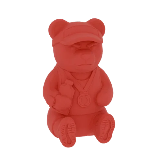 3D модель красного медведя-атлета сидящего, в кепке, жилетке и с медалью, с детализированными подошвами обуви.