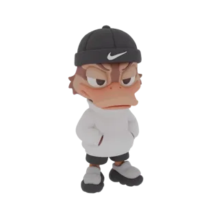 3D model of a grumpy duck character wearing a black Nike beanie and a white hoodie, with hands in pockets.
