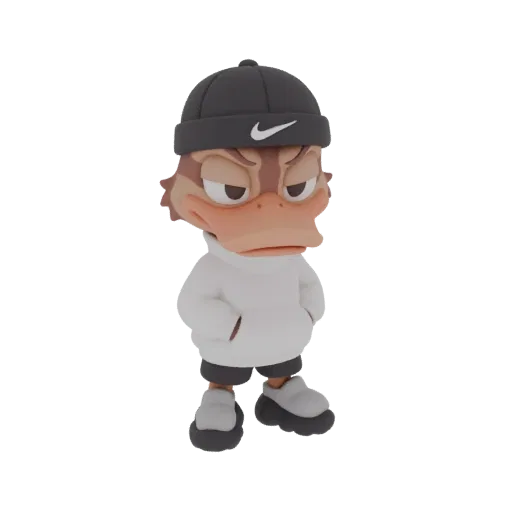 3D model of a grumpy duck character wearing a black Nike beanie and a white hoodie, with hands in pockets.