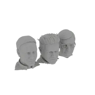 Предварительный просмотр 3D модели трех мужских скульптур головы: одна с колючими панк-волосами и шипованным ошейником, одна