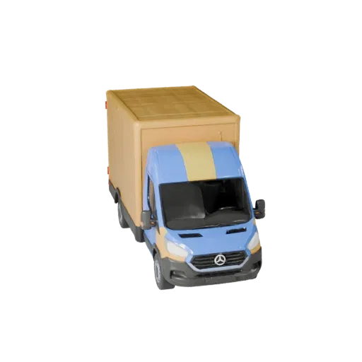3D-модель мультяшного фургона доставки, вид в студии с трех четвертей, стилизованный актив транспортного средства с рабочей м