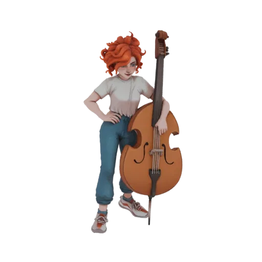 3D модель стилизованной рыжеволосой девушки с кудрявыми волосами, в белом топе и синих джинсах, с контрабасом.